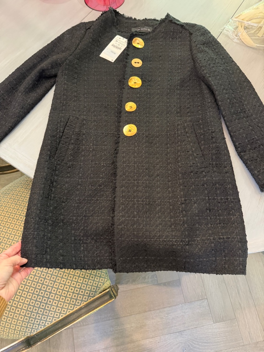 Classic Black Tweed Coat with Gold Buttons